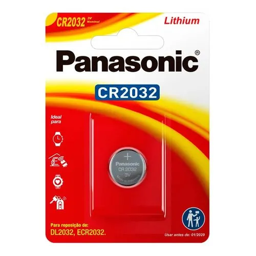 Bateria Panasonic CR2032 de 3V, ideal para dispositivos eletrônicos