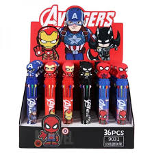 Caneta retrátil com 10 cores e personagens da Marvel estampados