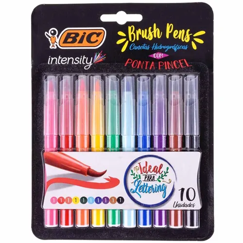 Kit com 10 canetas Bic Brush com ponta tipo pincel e cores variadas