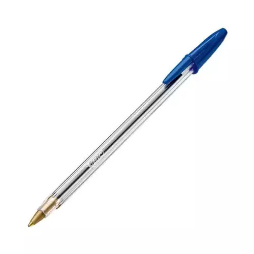 Caneta Bic azul com corpo transparente e tampa azul