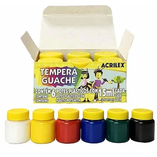 Conjunto de tinta guache Acrilex com 6 potes de cores variadas