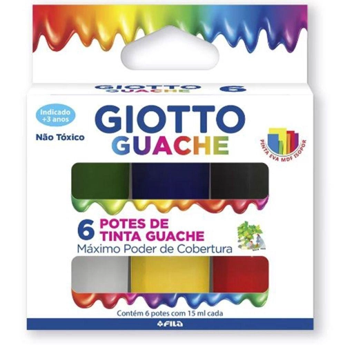 Conjunto de tinta guache Giotto com 6 cores vivas e potes redondos